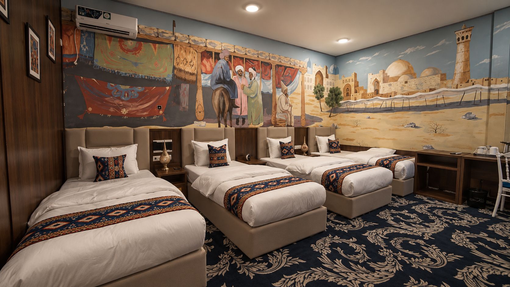 A hotel room with three beds, a desk, and a mural depicting a desert scene.
