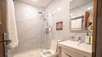 A modern bathroom with a glass-enclosed shower, a toilet, and a sink with a mirror above it.