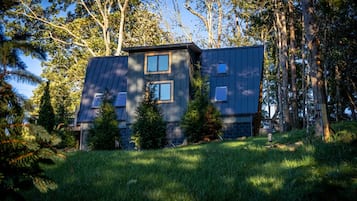 Une maison moderne avec un toit en pente, entourée d’arbres et d’une pelouse.