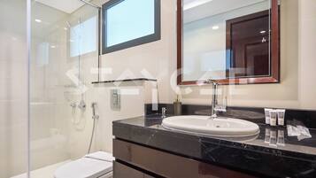 A modern bathroom with a glass shower enclosure, a white toilet, a black marble sink, and a large mirror above the sink.