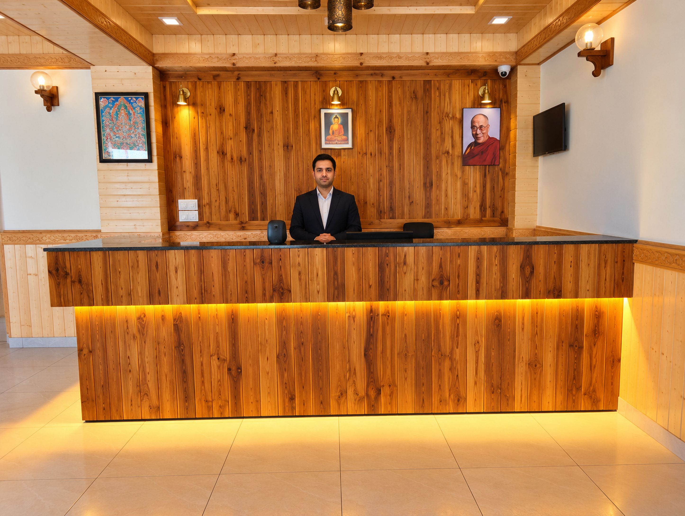 Un taulell de recepció amb acabat de fusta, una persona asseguda i quadres al mur.