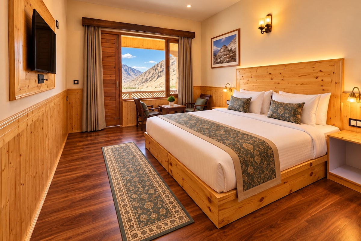 Una camera d'albergo con un letto grande, pareti in legno, un televisore a parete, una finestra vista montagne e un tavolino con una sedia.