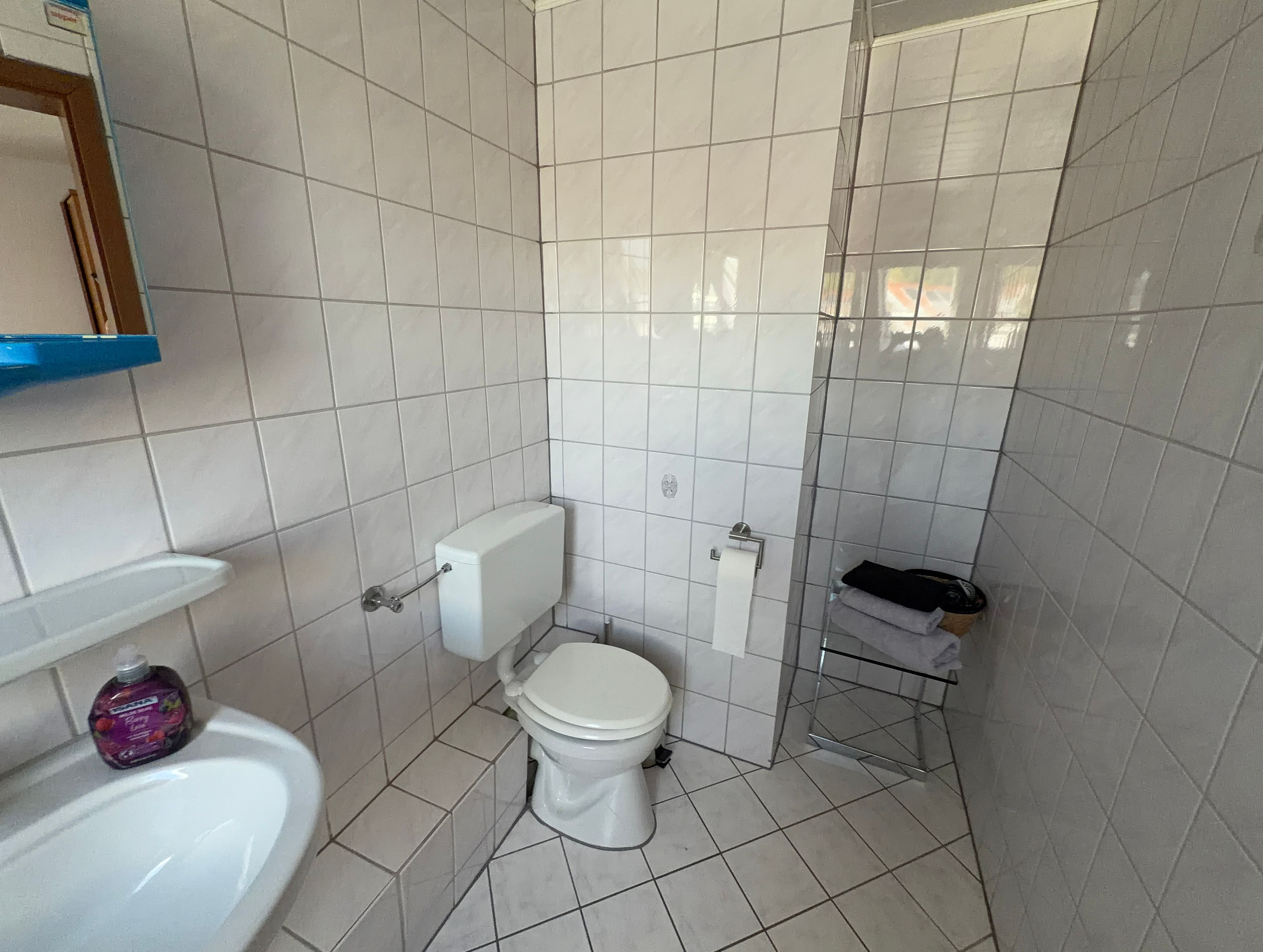 Une salle de bain comprenant des toilettes, un lavabo et un espace douche.