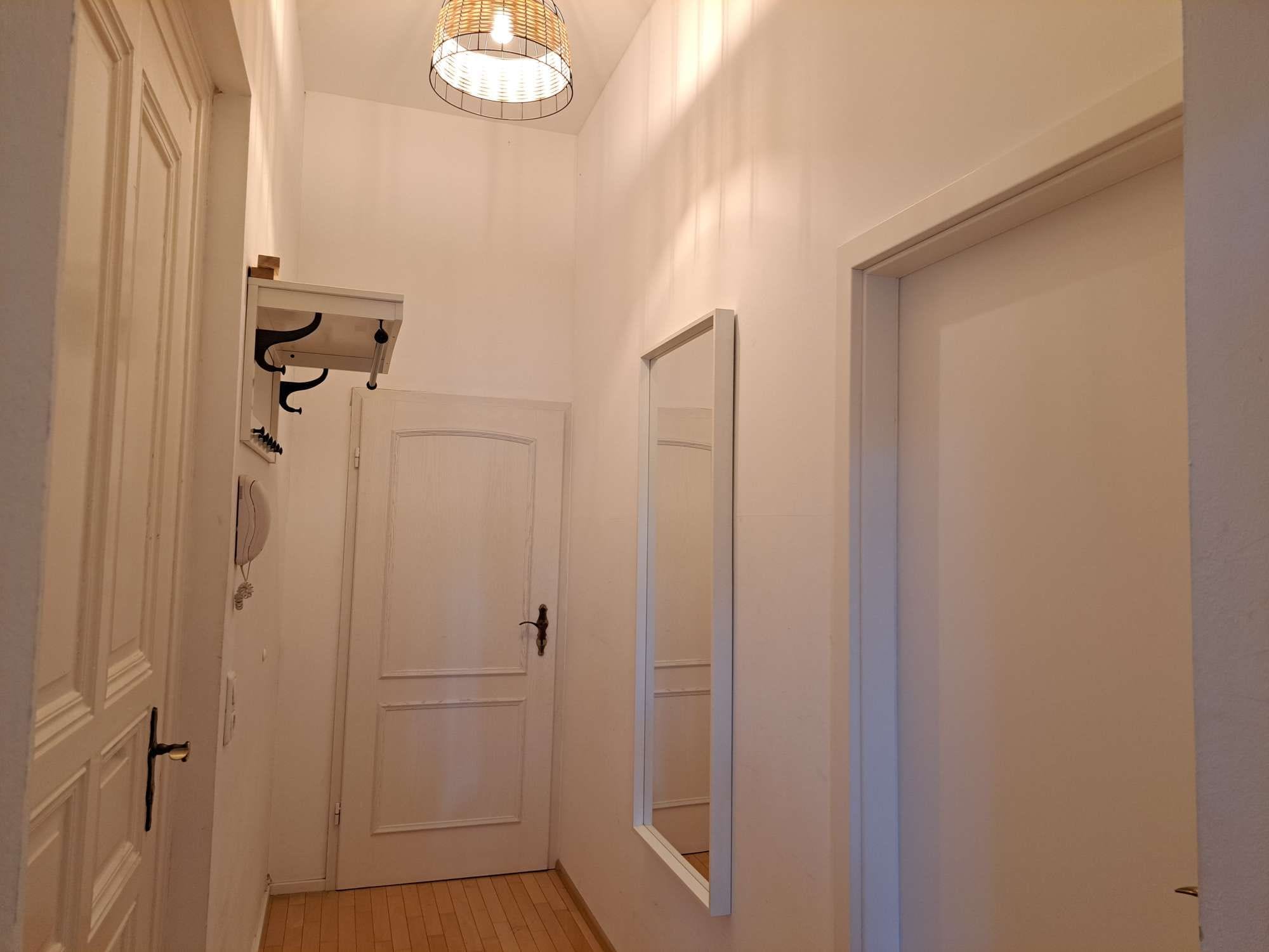 Un pasillo estrecho con paredes blancas, suelo de madera, una puerta con espejo y una lámpara colgante.