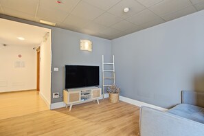 Ein Zimmer mit einem Flachbildfernseher auf einem Holzbodenständer, einer weißen Sprossenleiter und einem Korbkörbchen mit getrockneten Blumen.