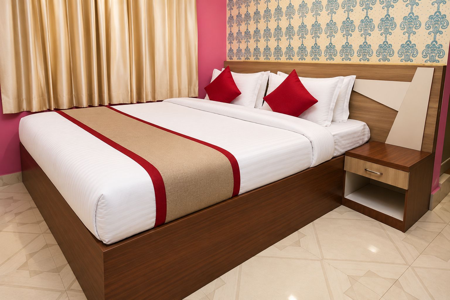 A hotel room with a wooden bed, a nightstand, and a patterned wallpaper.