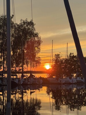 Atardecer sobre un puerto deportivo con barcos amarrados, rodeado de árboles.