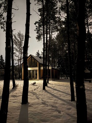 Una casa moderna rodeada de altos árboles en un paisaje nevado.