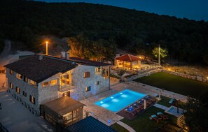 A stone building with a swimming pool, outdoor seating, and a small pavilion. - Awesome home in Lukar with private swimming pool, can be inside or outside (Lukar)