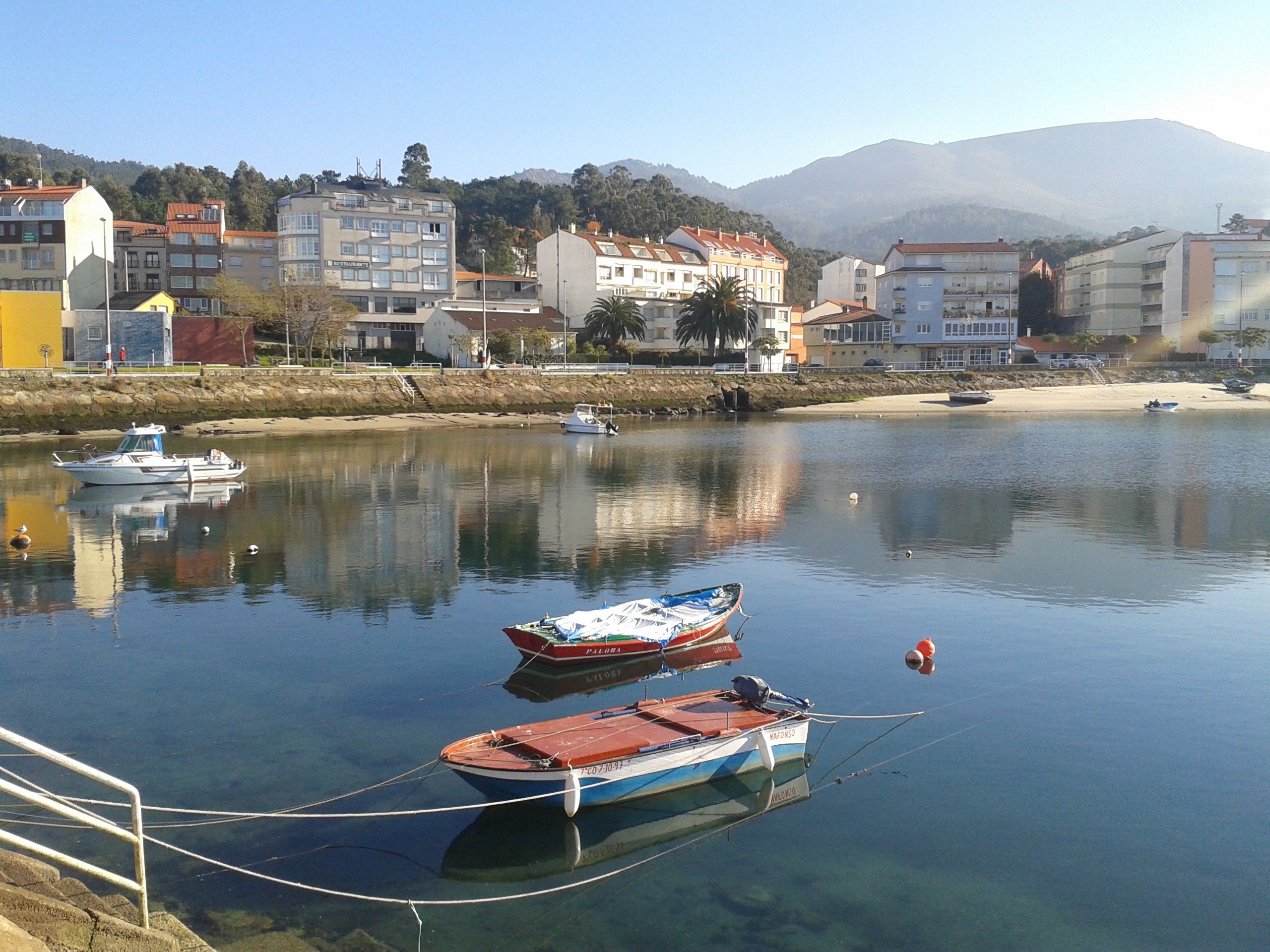 A calm waterfront with boats docked, buildings in the background, and a clear sky.