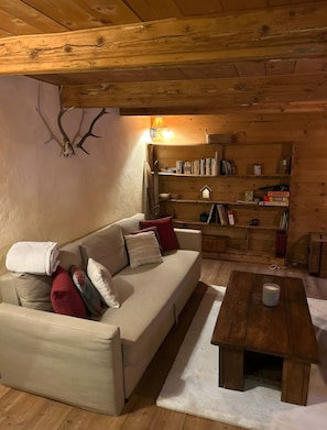 Ein gemütliches Wohnzimmer mit einer Couch, einem Couchtisch, einem Bücherregal und einem Kamin.