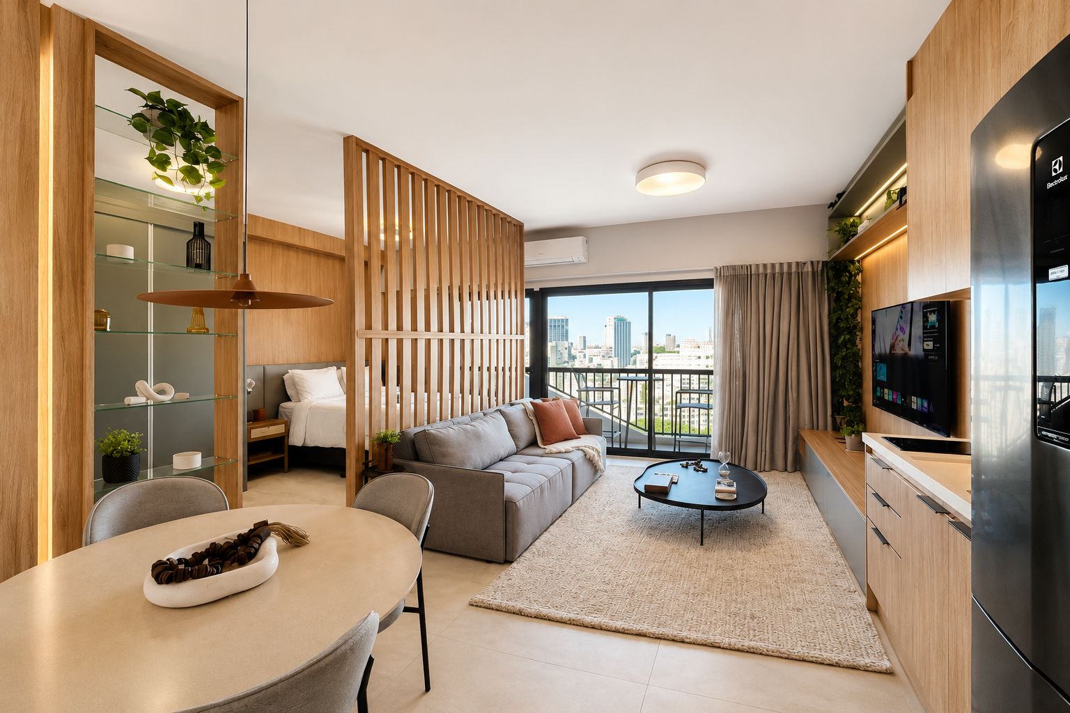 A modern living room with a sofa, coffee table, and a dining area with chairs and a table.