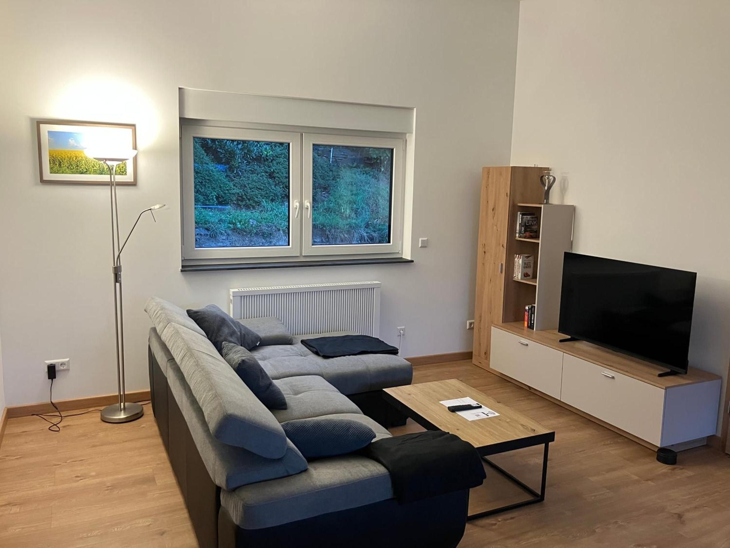 Ein modernes Wohnzimmer mit einer Couch, einem Couchtisch, einem Fernseher, einem Bücherregal und einem Fenster mit Blick auf Grünflächen.