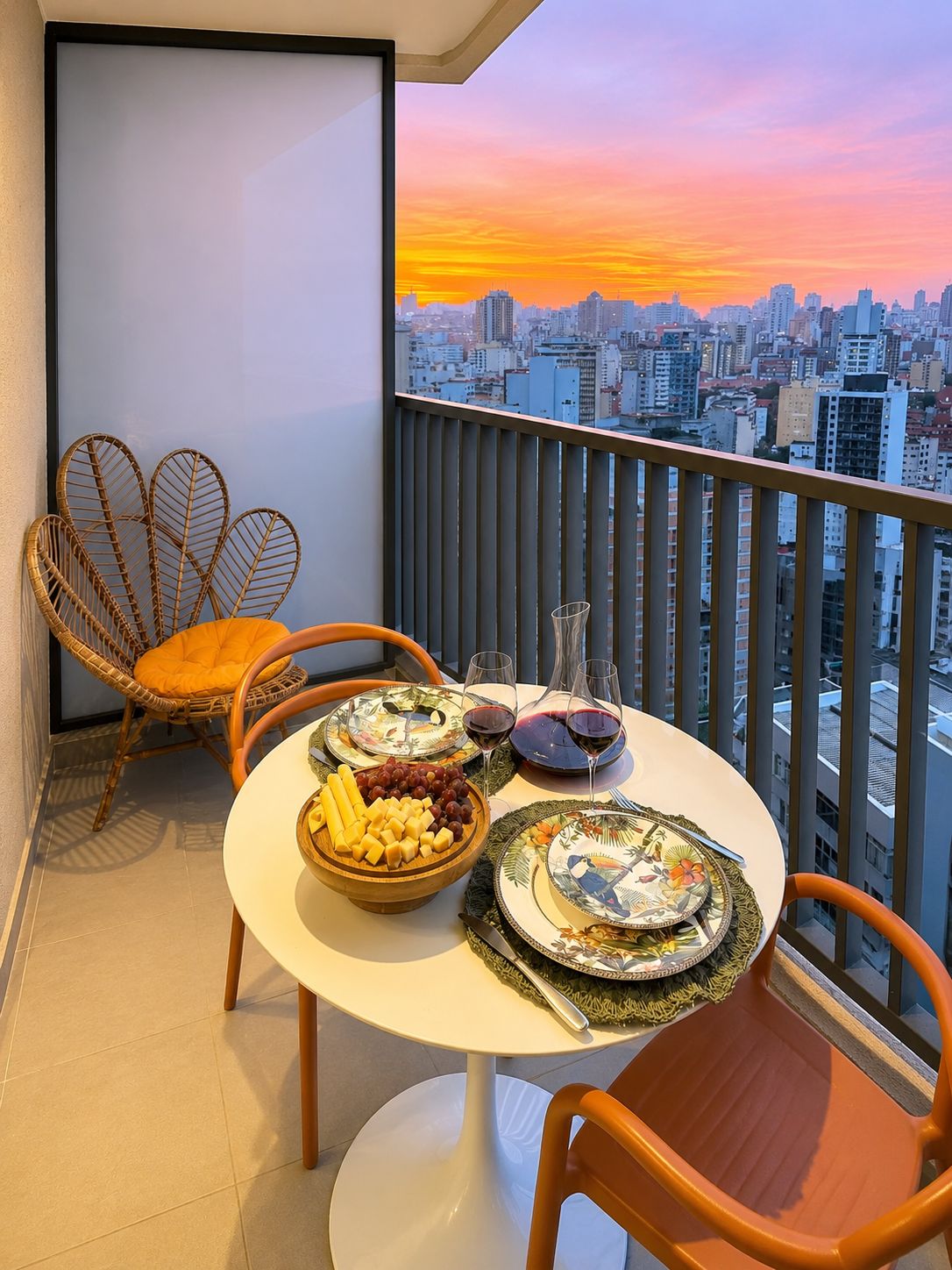 A balcony with a table set for two, featuring plates, glasses, and a bowl of snacks.