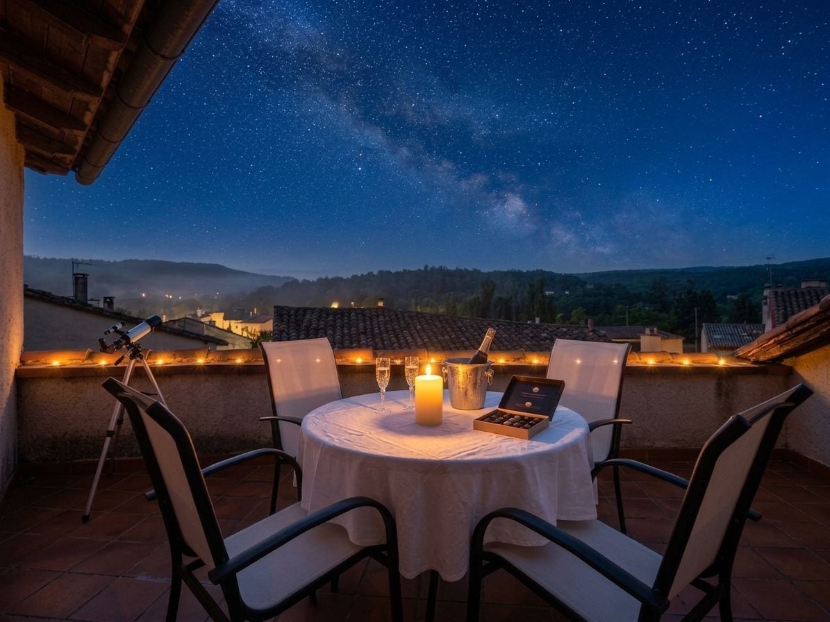 An outdoor dining area with a telescope, a candle, and a bottle of champagne on a table.