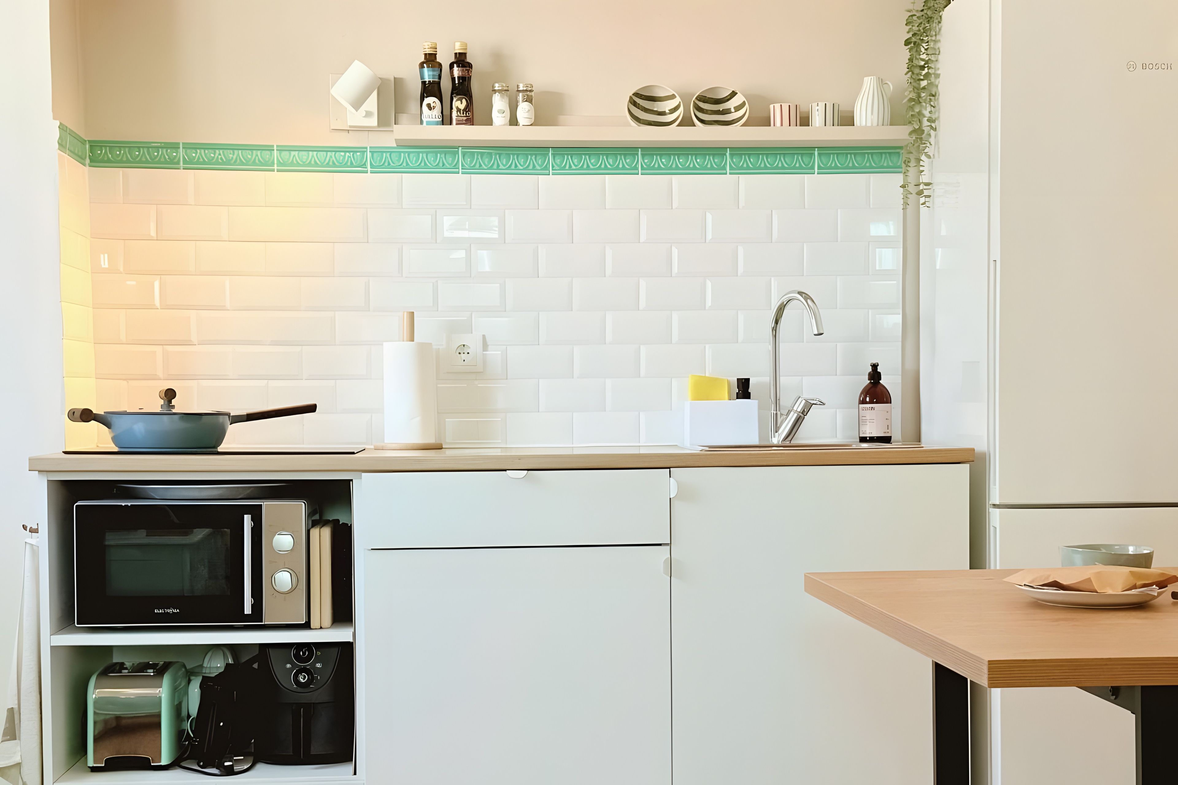 A kitchen with white cabinets, a microwave, a toaster, and a sink with a faucet.