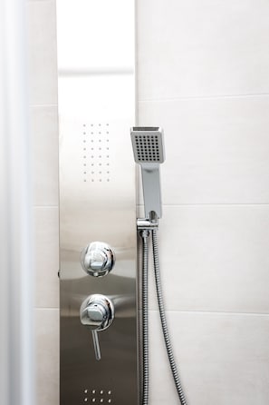 Un control de ducha cromado con cabezal de ducha y grifo de mano.