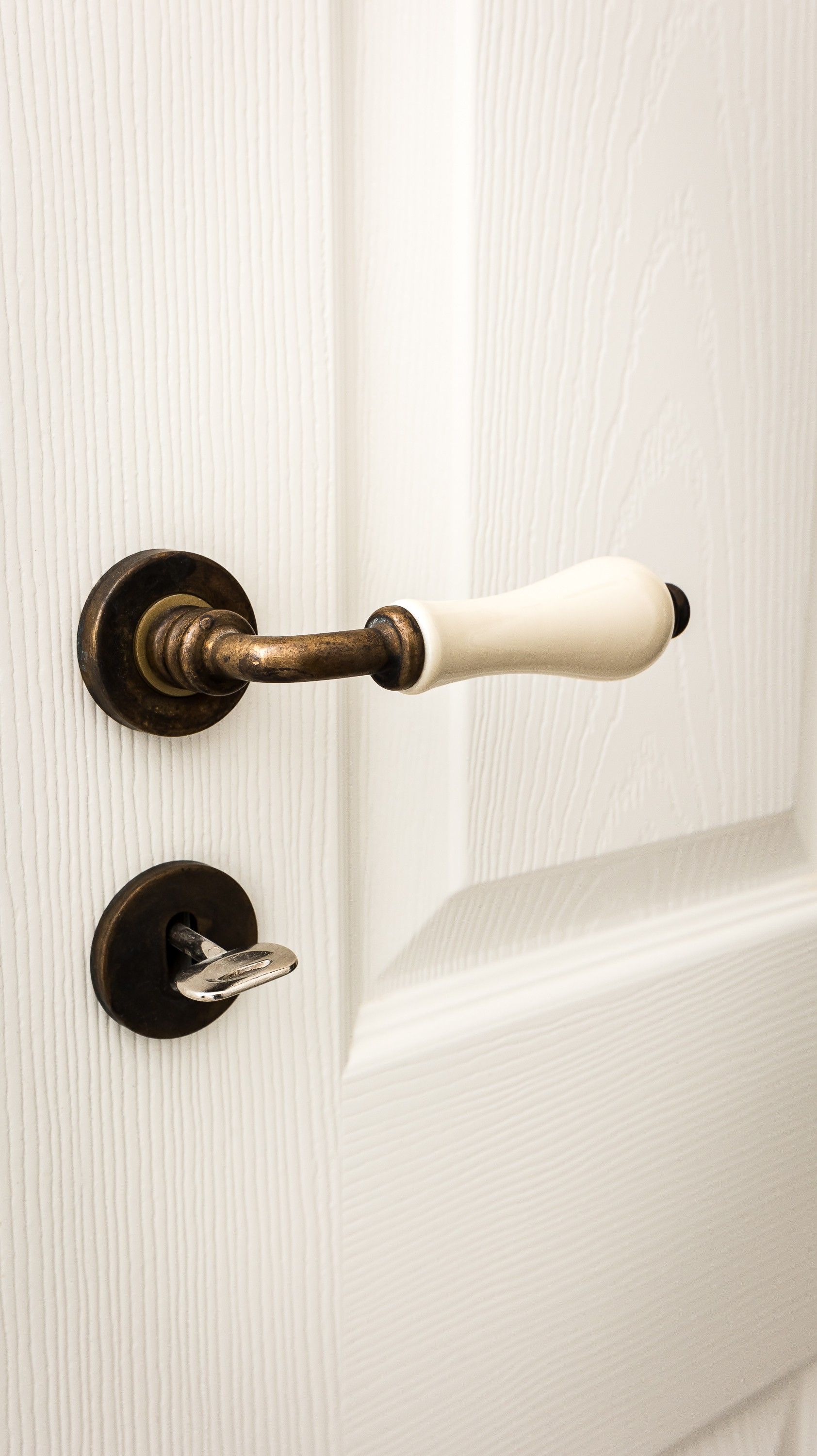 Una porta con pomello in ottone e maniglia bianca.