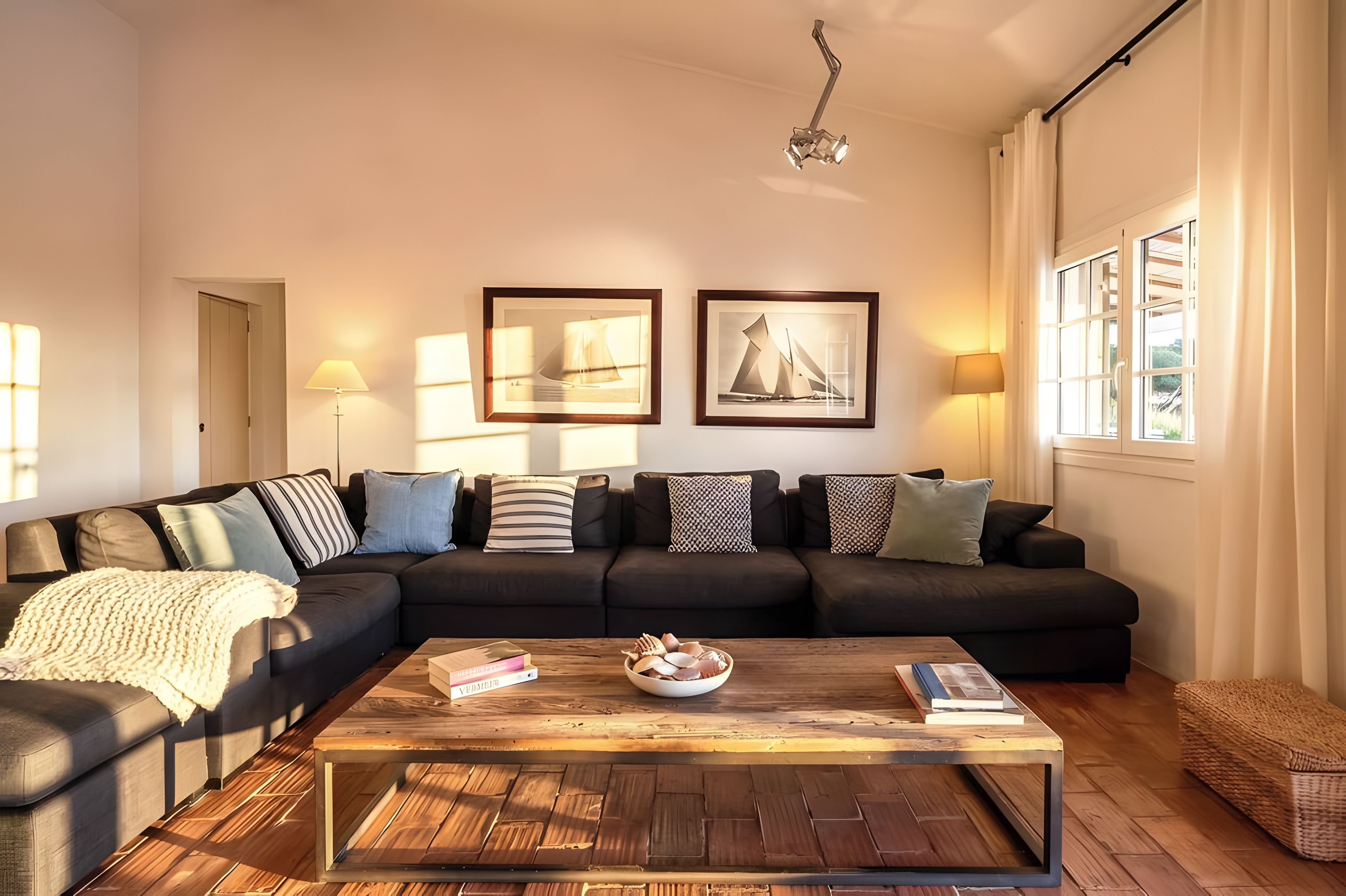 A modern living room with a sectional sofa, a coffee table, and two framed artworks on the wall.