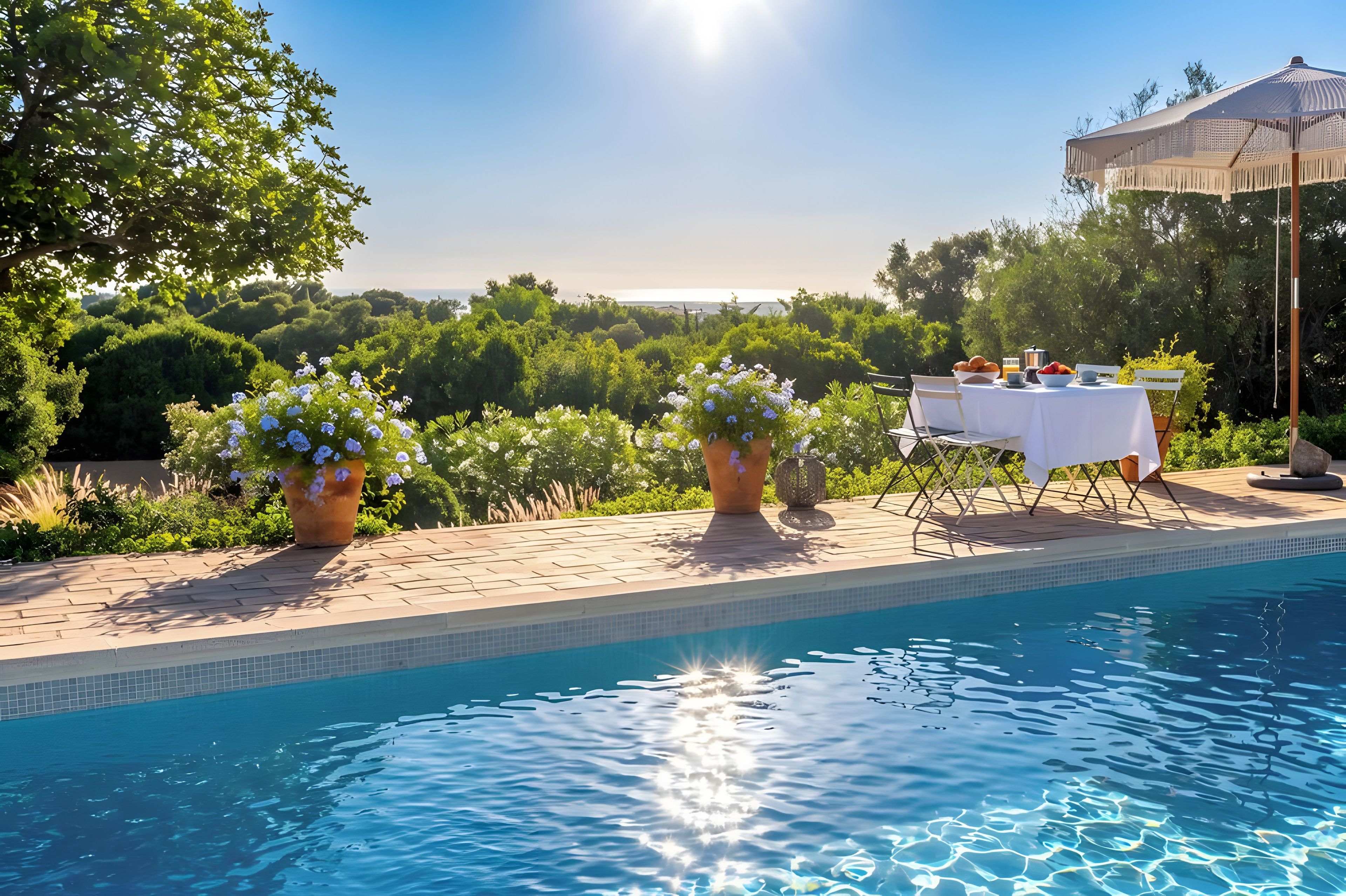 A swimming pool with a table and chairs set up on the deck, surrounded by lush greenery and a clear sky.