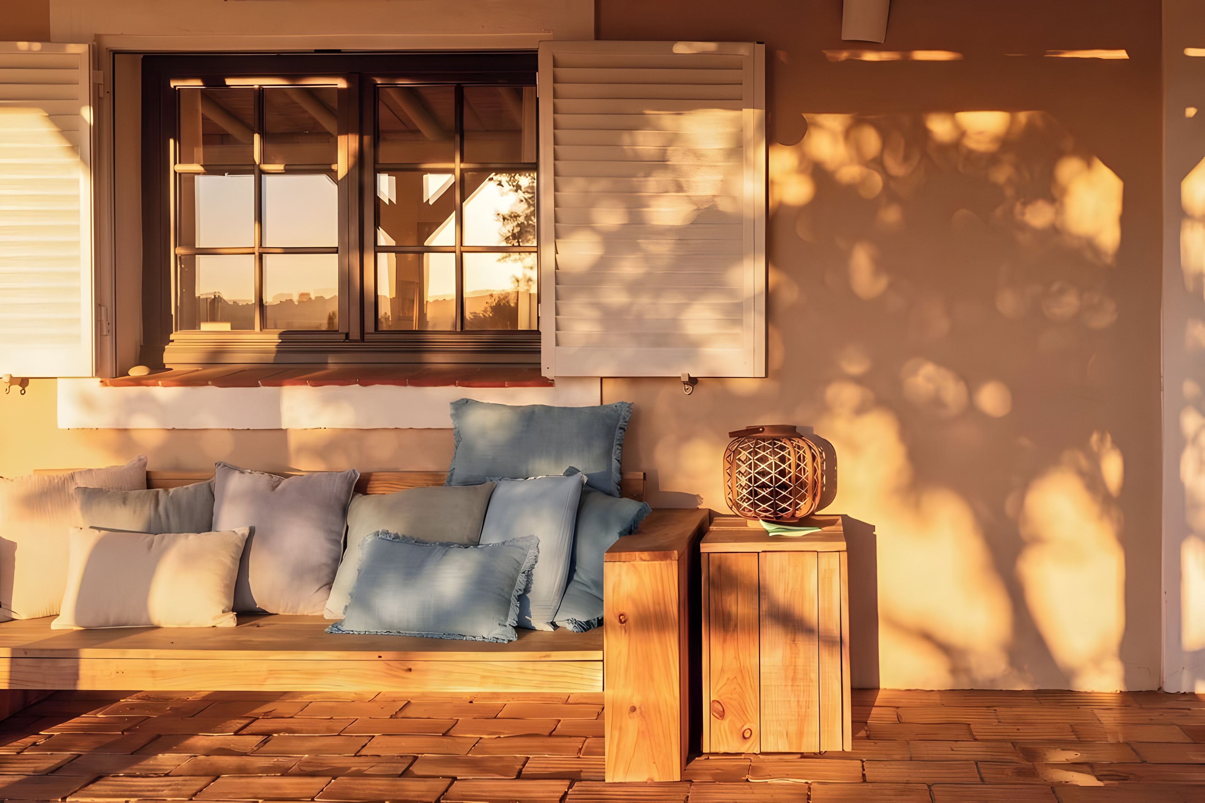 A wooden bench with cushions, a small table with a lantern, and a window with shutters.