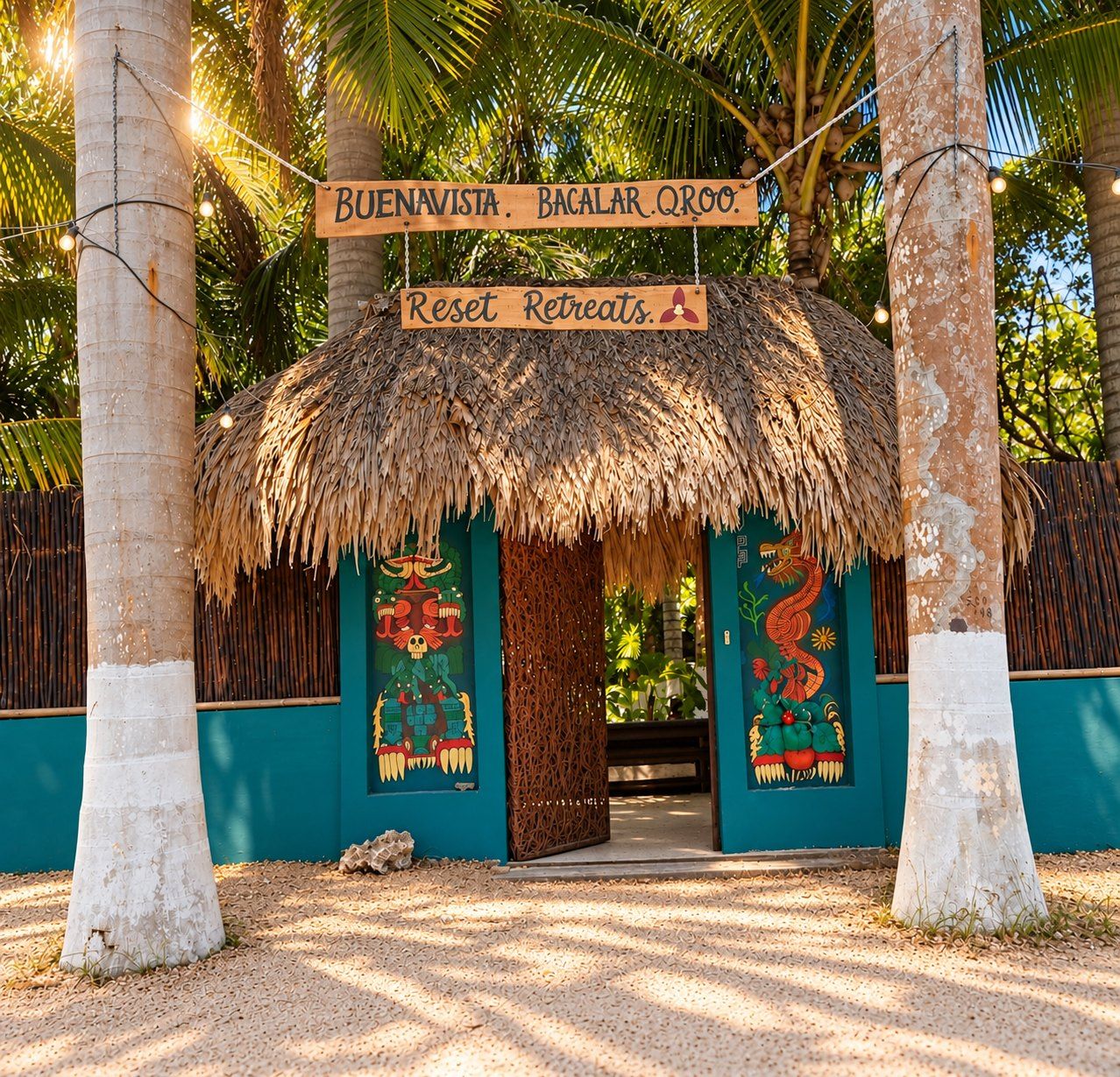 Een gebouw met rieten dak en een bord waarop staat 'Buenavista Bacalar Qroo Reset Retreats A'.