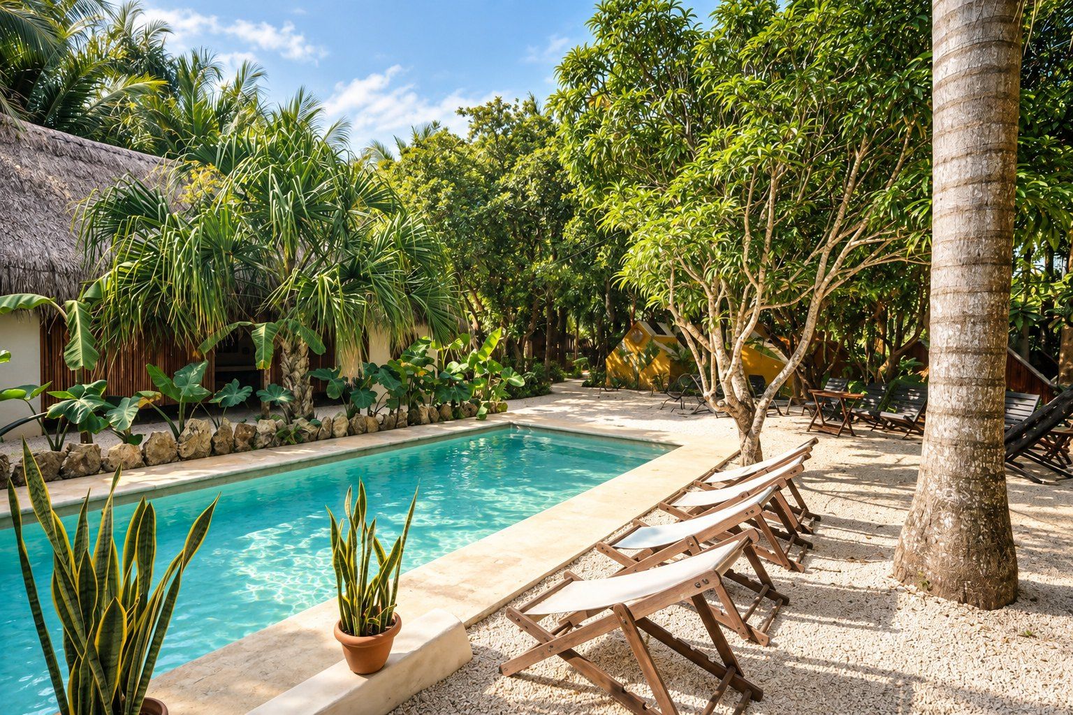 Un área junto a la piscina con piscina cristalina, sillones de descanso y vegetación tropical.