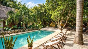 Un área junto a la piscina con piscina cristalina, sillones de descanso y vegetación tropical.