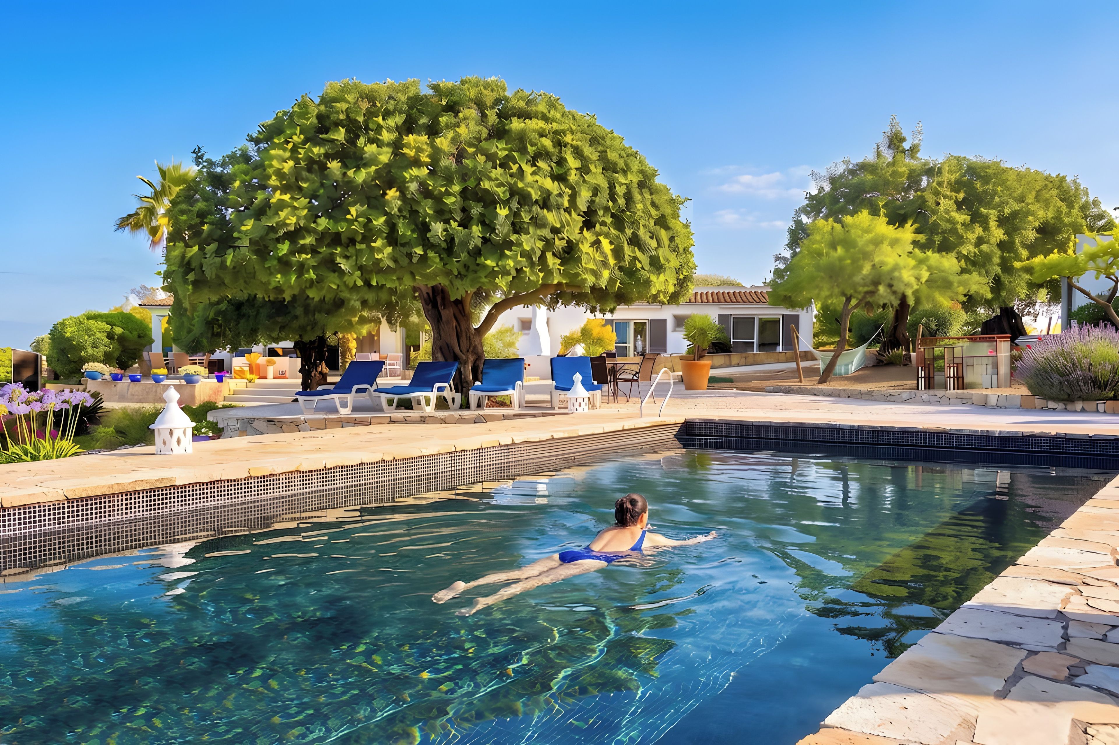 A clear swimming pool with lounge chairs and a large tree in the background.