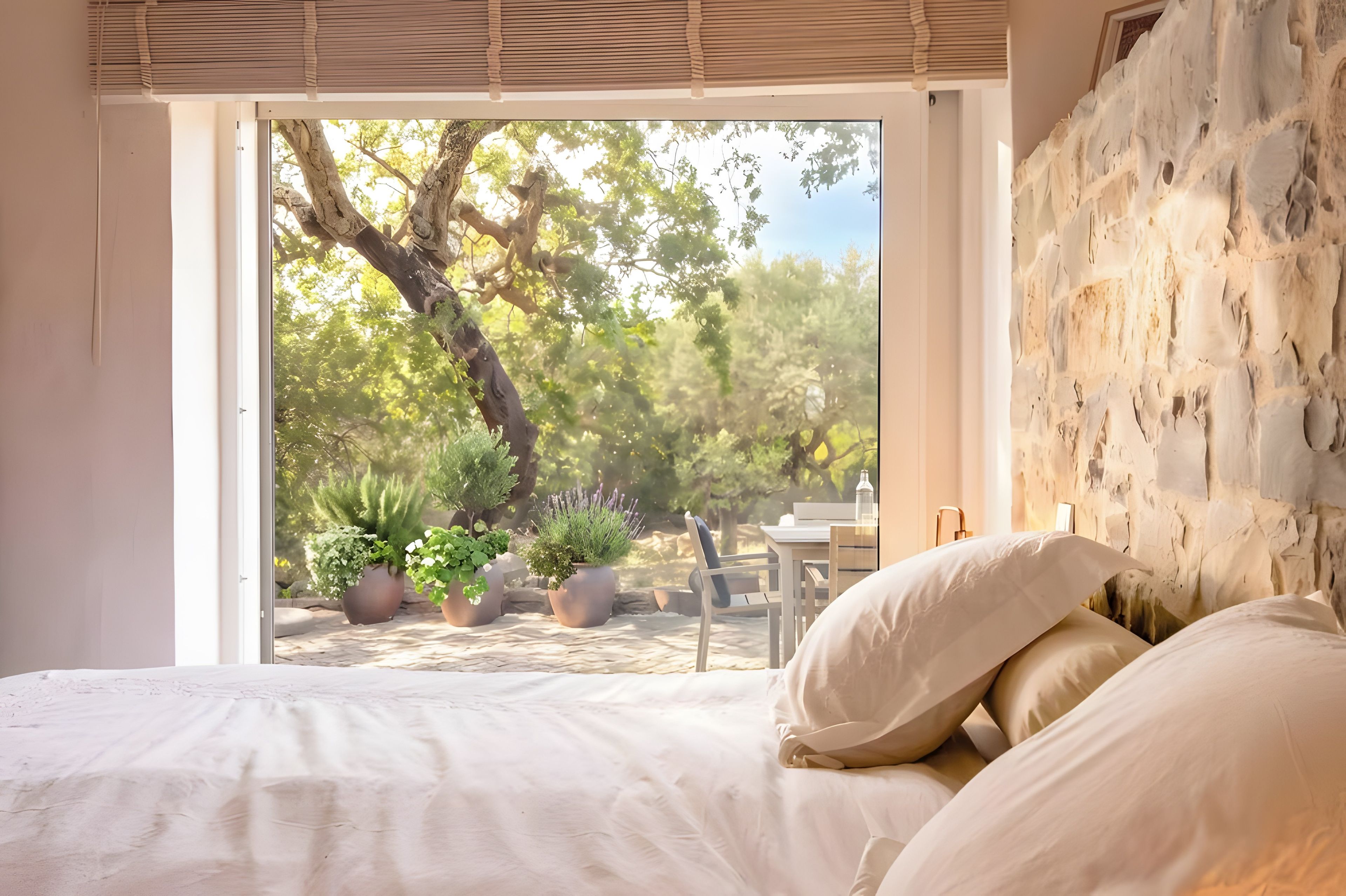 A bedroom with a large window, a bed with white linens, and a stone wall.