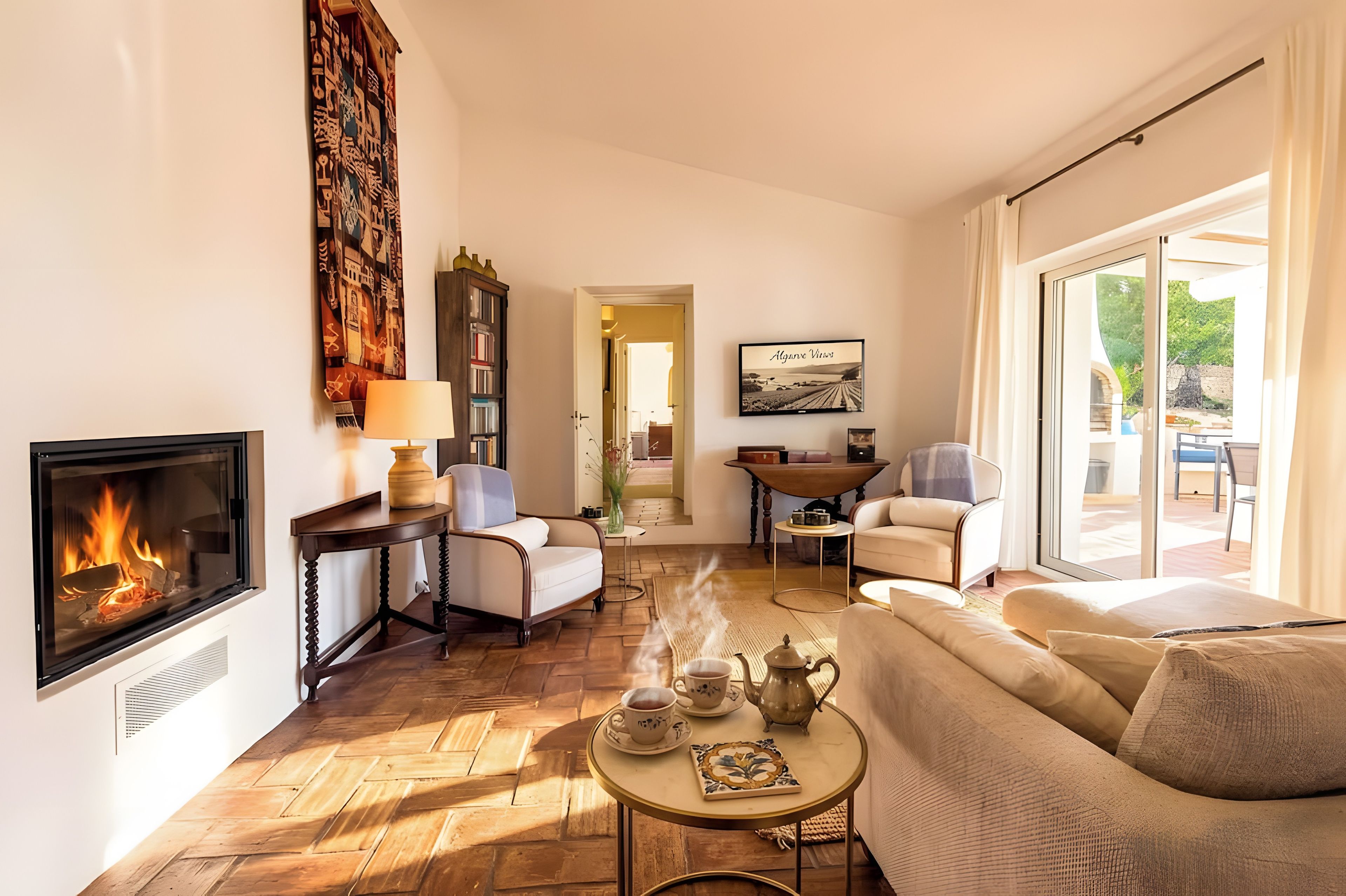 A cozy living room with a fireplace, comfortable seating, and a view of the outdoors.
