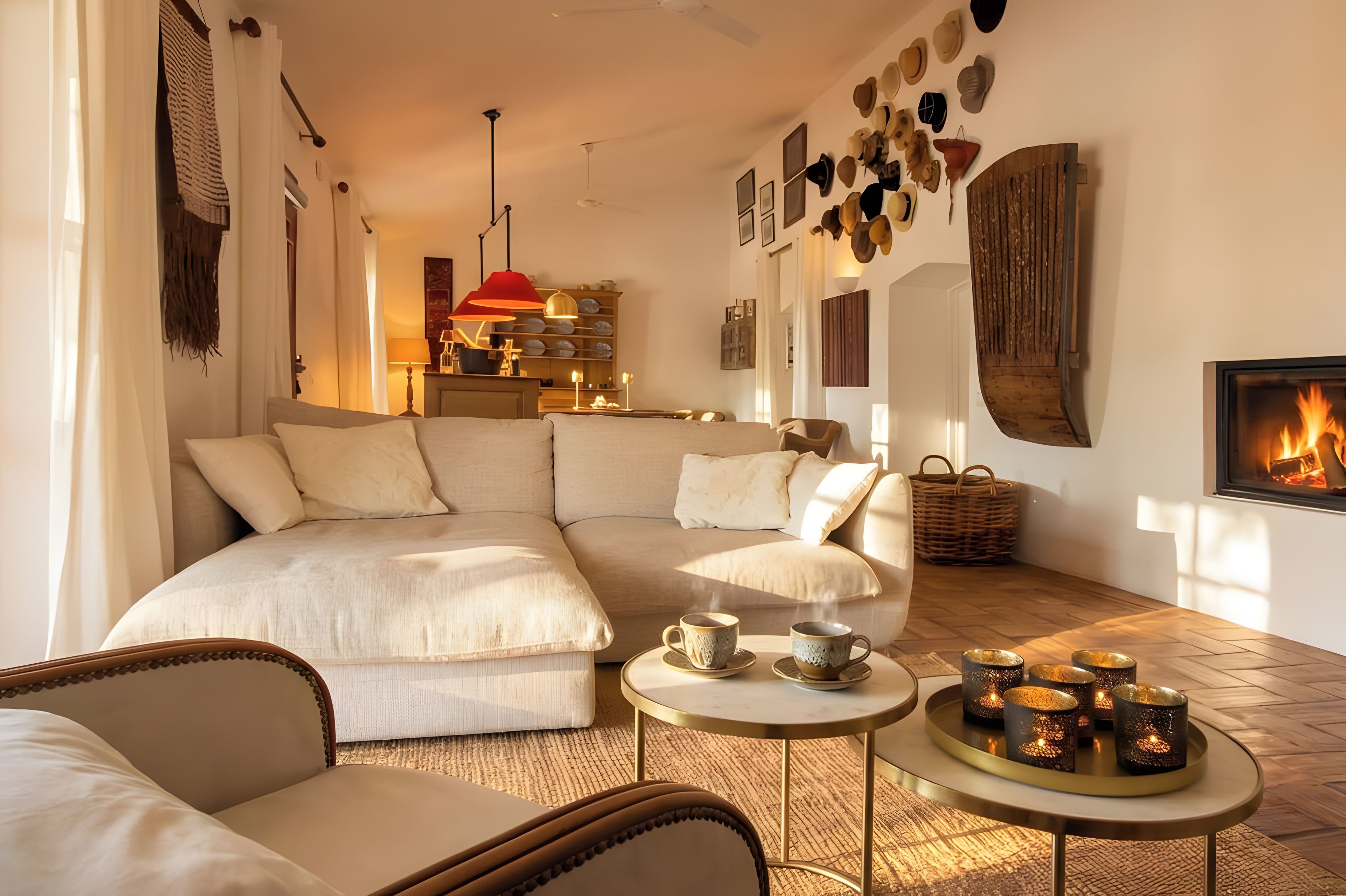 A cozy living room with a sectional sofa, a fireplace, and a dining area with candles.