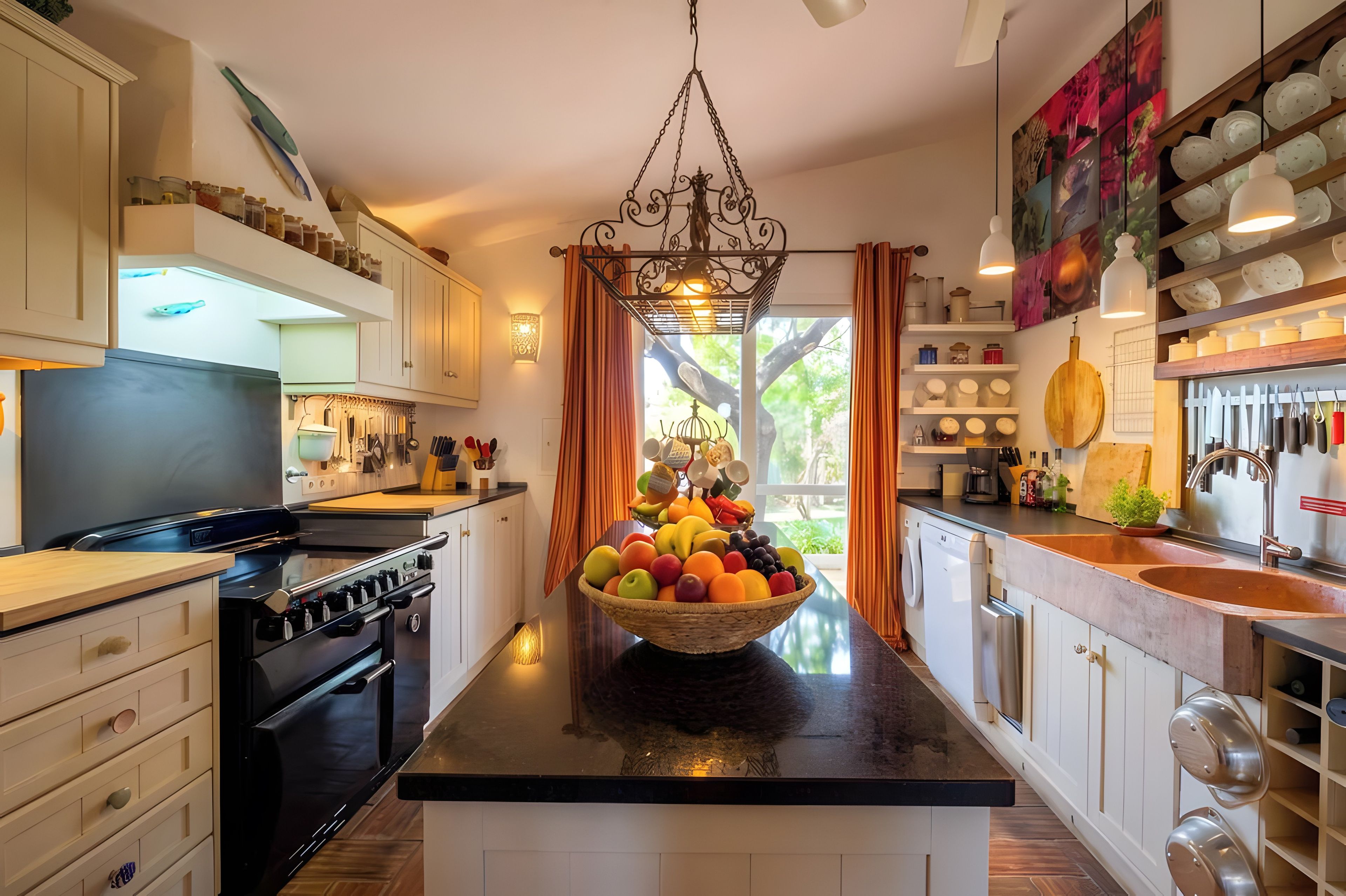 Una cocina moderna con una isla central, electrodomésticos de acero inoxidable y una variedad de utensilios y batería de cocina.