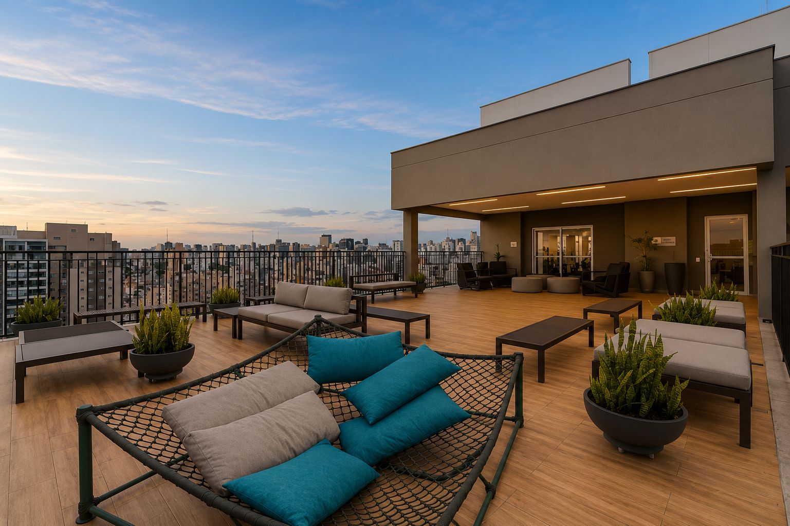 Una terraza en la azotea con mobiliario exterior, plantas en macetas y vistas a la ciudad.