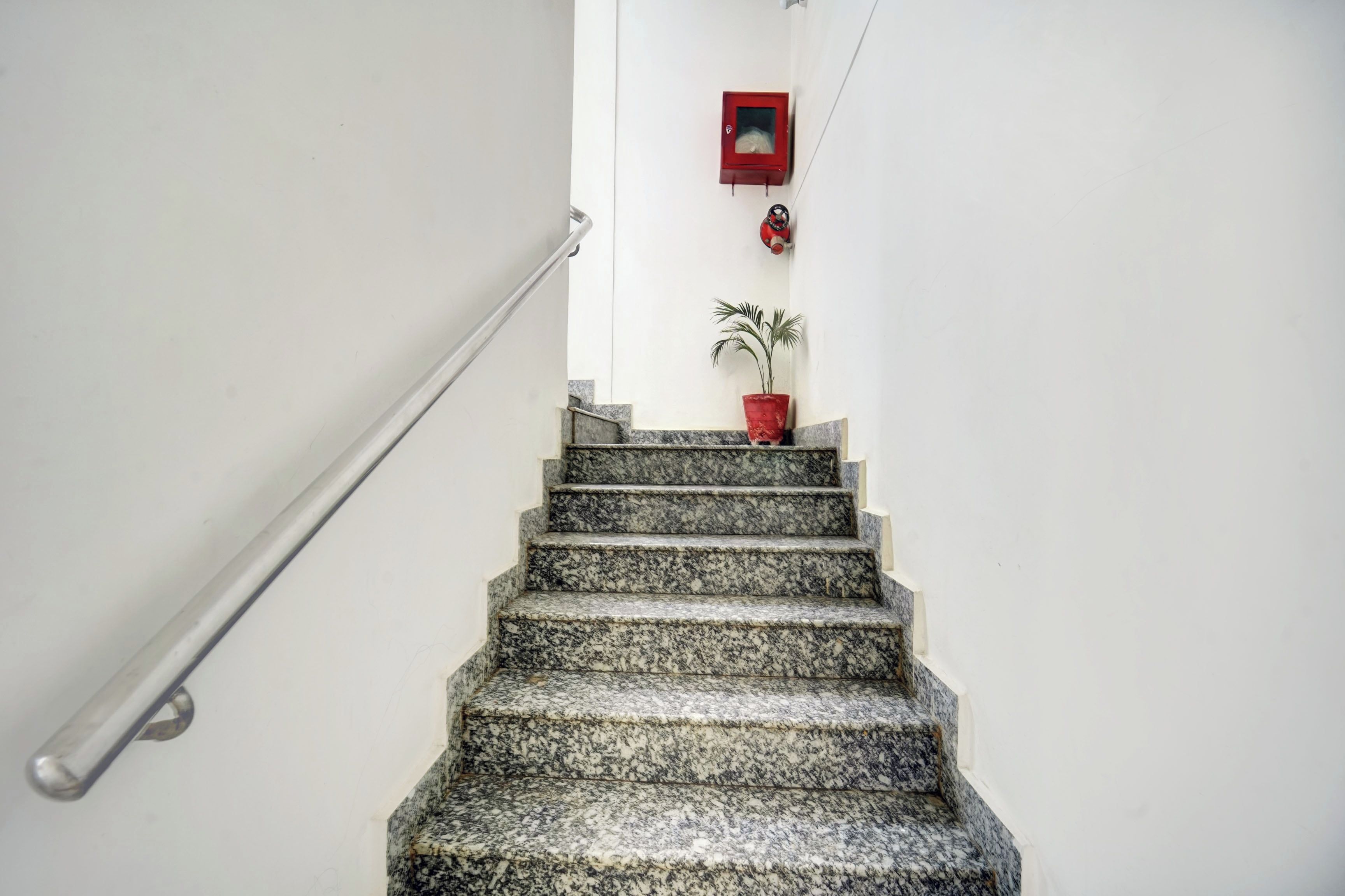 Una escalera con barandilla de metal, un detector de incendios rojo y una planta en maceta.