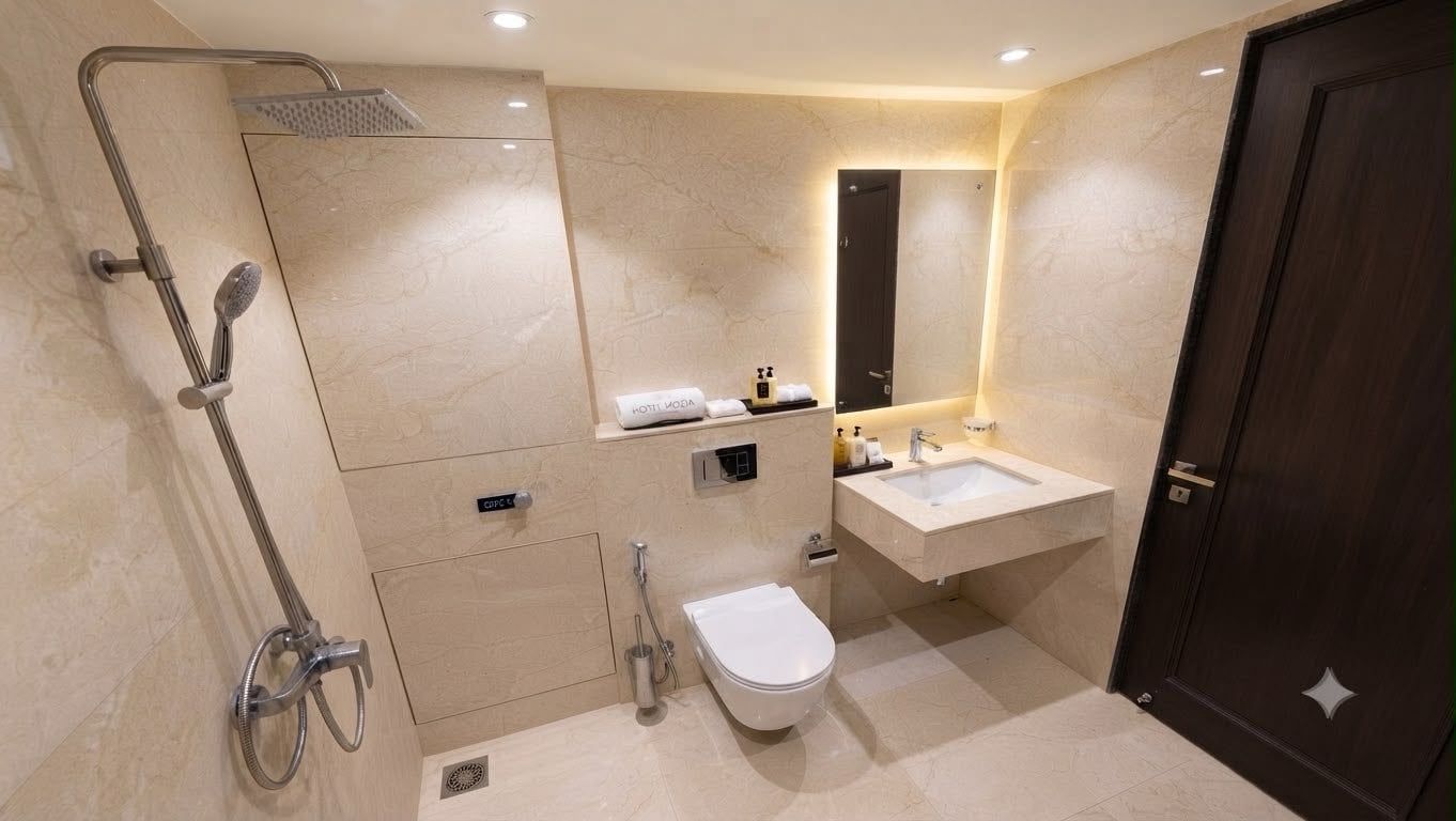 A modern bathroom with a shower, toilet, and sink.