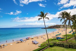 A beach with palm trees, a sandy shore, and a clear blue sky. - Ocean View One Bedroom, Two Bath Condo - Steps from Beach - The Whaler 624 (Lahaina)