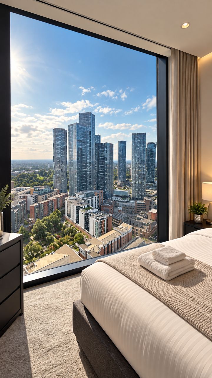 A modern hotel room with a large window offering a cityscape view, a neatly made bed, and a bedside table with a lamp.