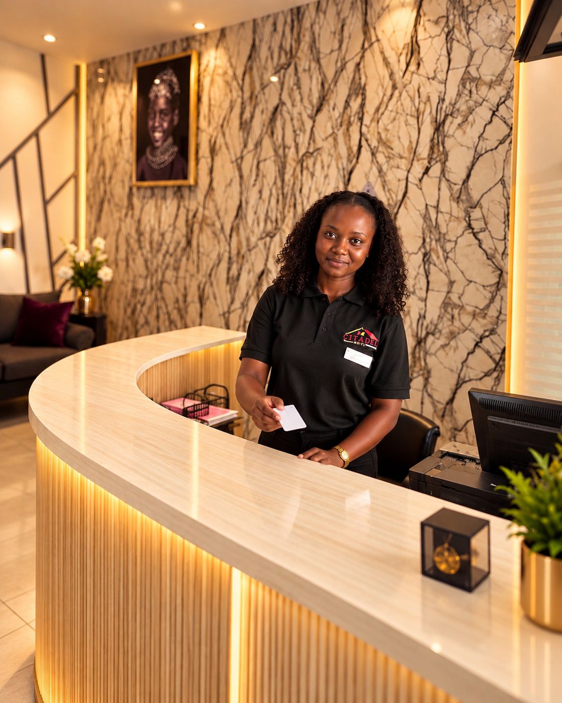 A hotel reception desk with a marble wall background, a framed portrait, and a modern, curved reception counter.