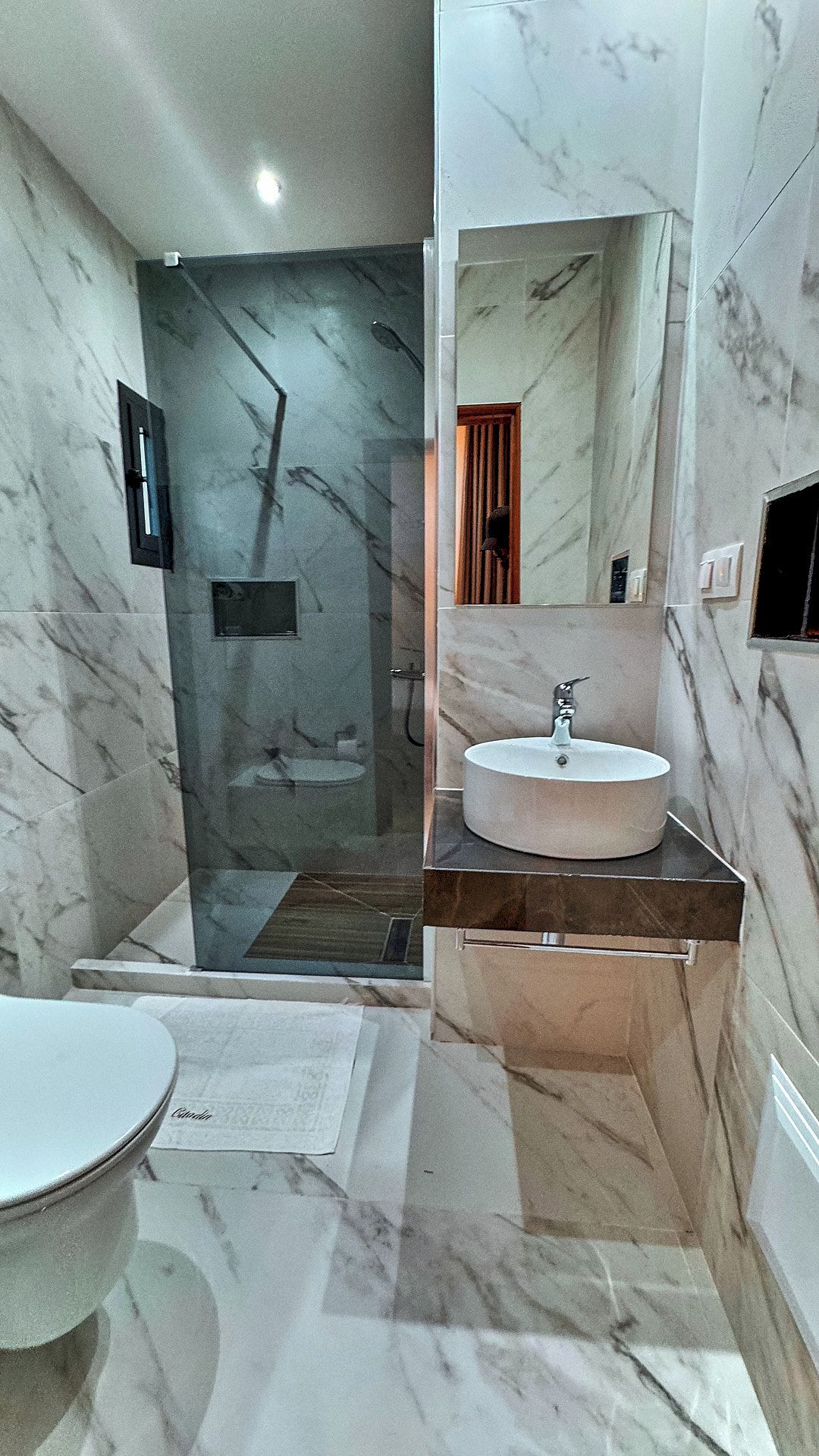 A bathroom with a marble sink, a glass shower enclosure, and a toilet.