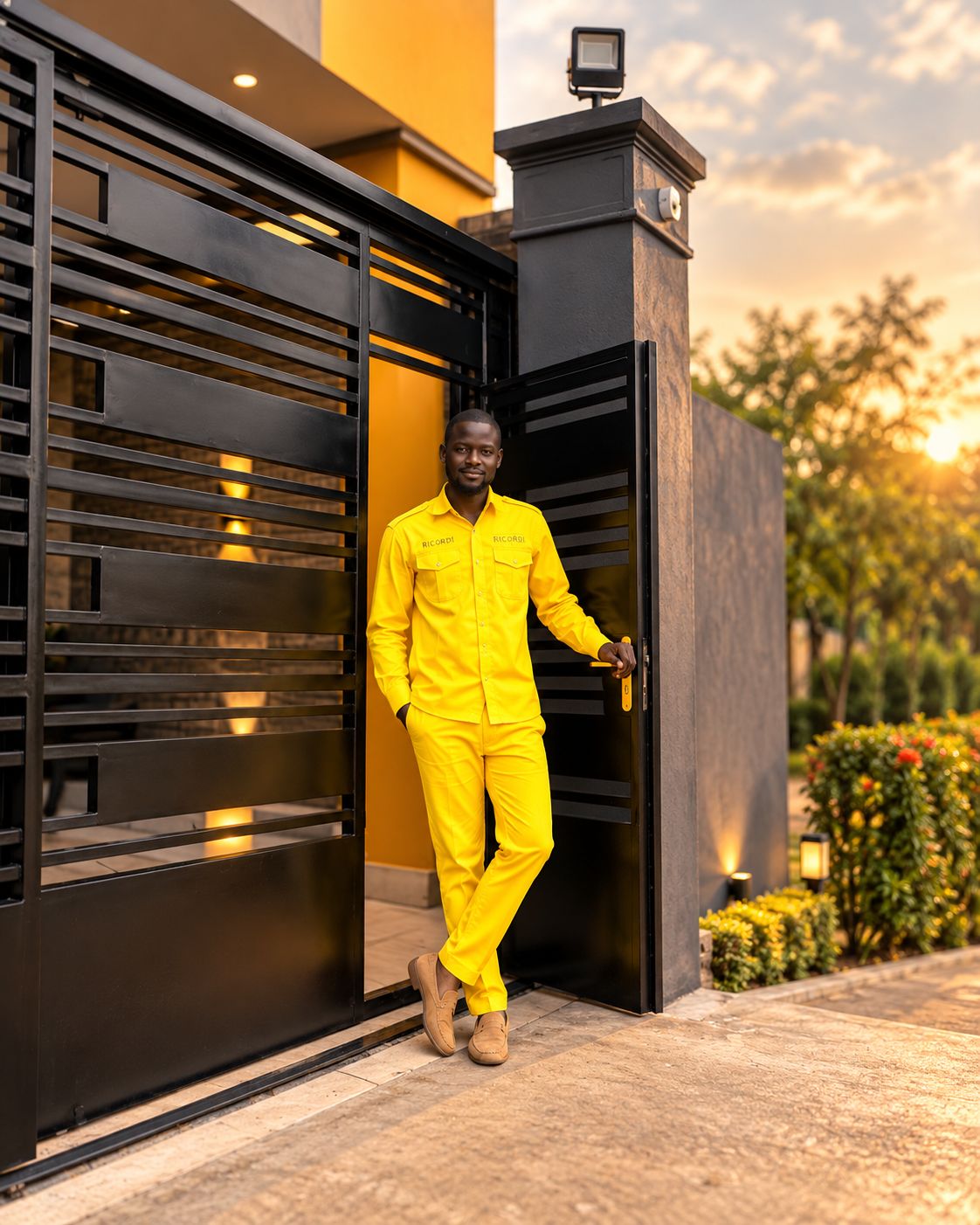 A person in a bright yellow uniform standing at a modern building entrance with a black gate.