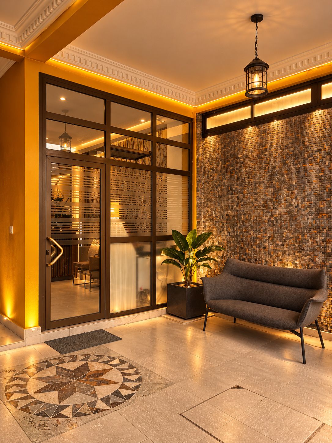 A modern lobby with a geometric patterned floor, a sofa, a potted plant, and a textured wall.