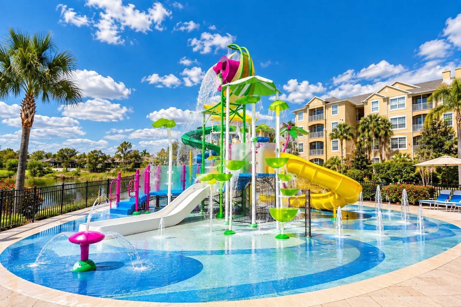 A water park with slides and fountains, surrounded by a pool and palm trees.
