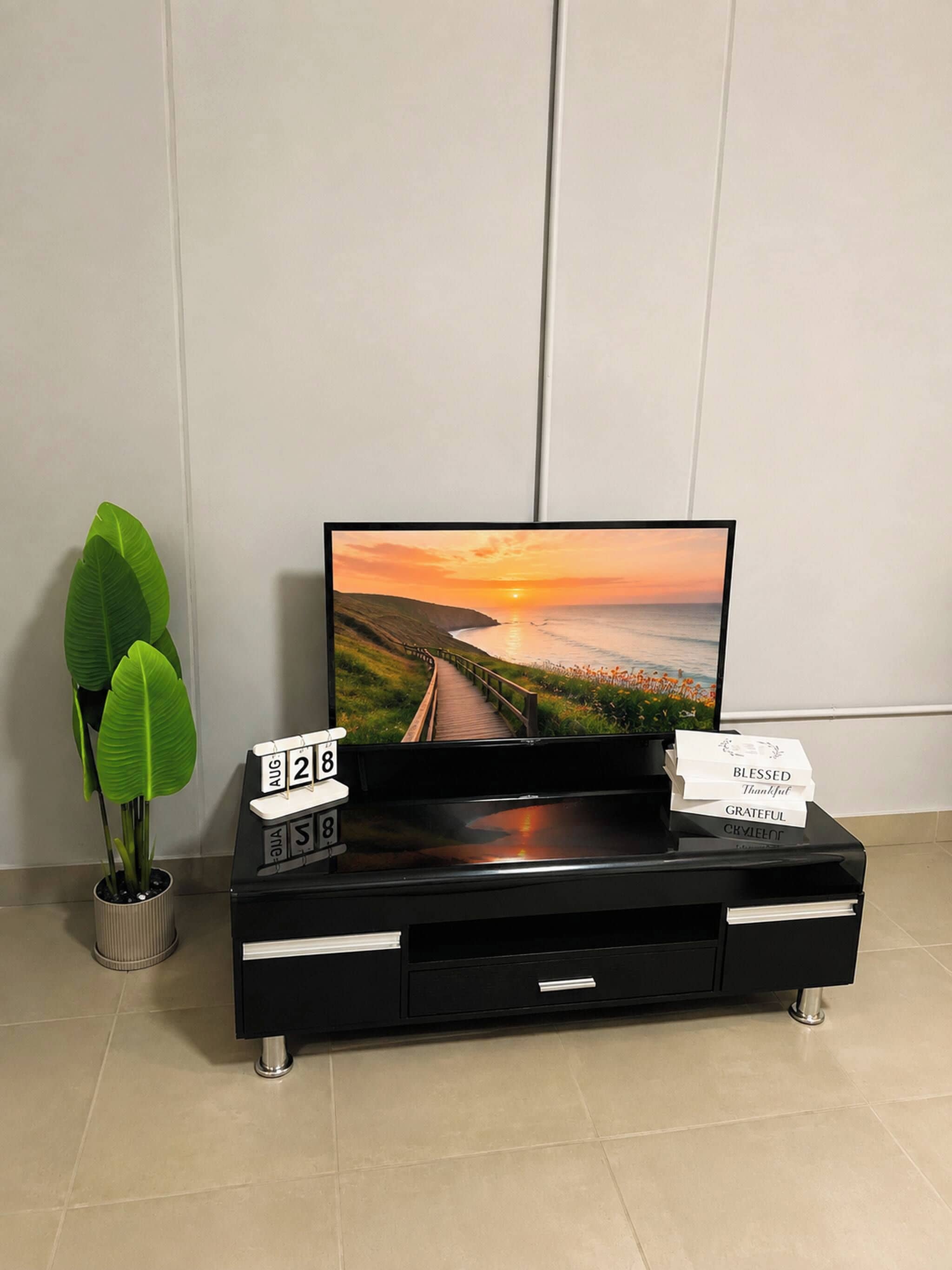 Ein Flachbildfernseher auf einer schwarzen Unterhaltungsanlage mit Datumsanzeige und einer Pflanze daneben.
