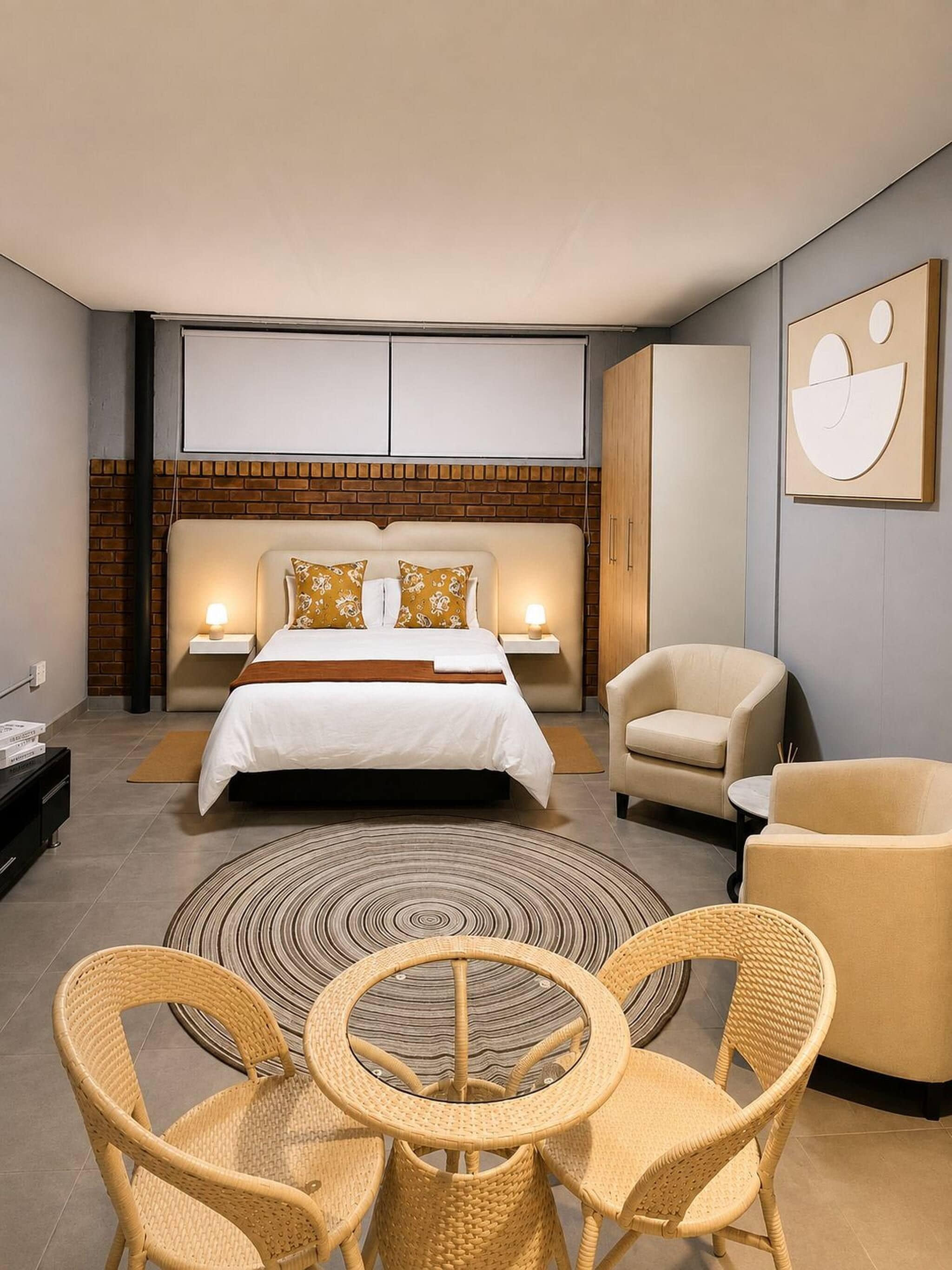 A modern bedroom with a large bed, two bedside tables, a sofa, a round table with chairs, and a wall-mounted artwork.