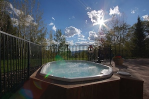 Ett bubbelbad omgivet av ett staket av metall, med utsikt över träd och berg i bakgrunden.