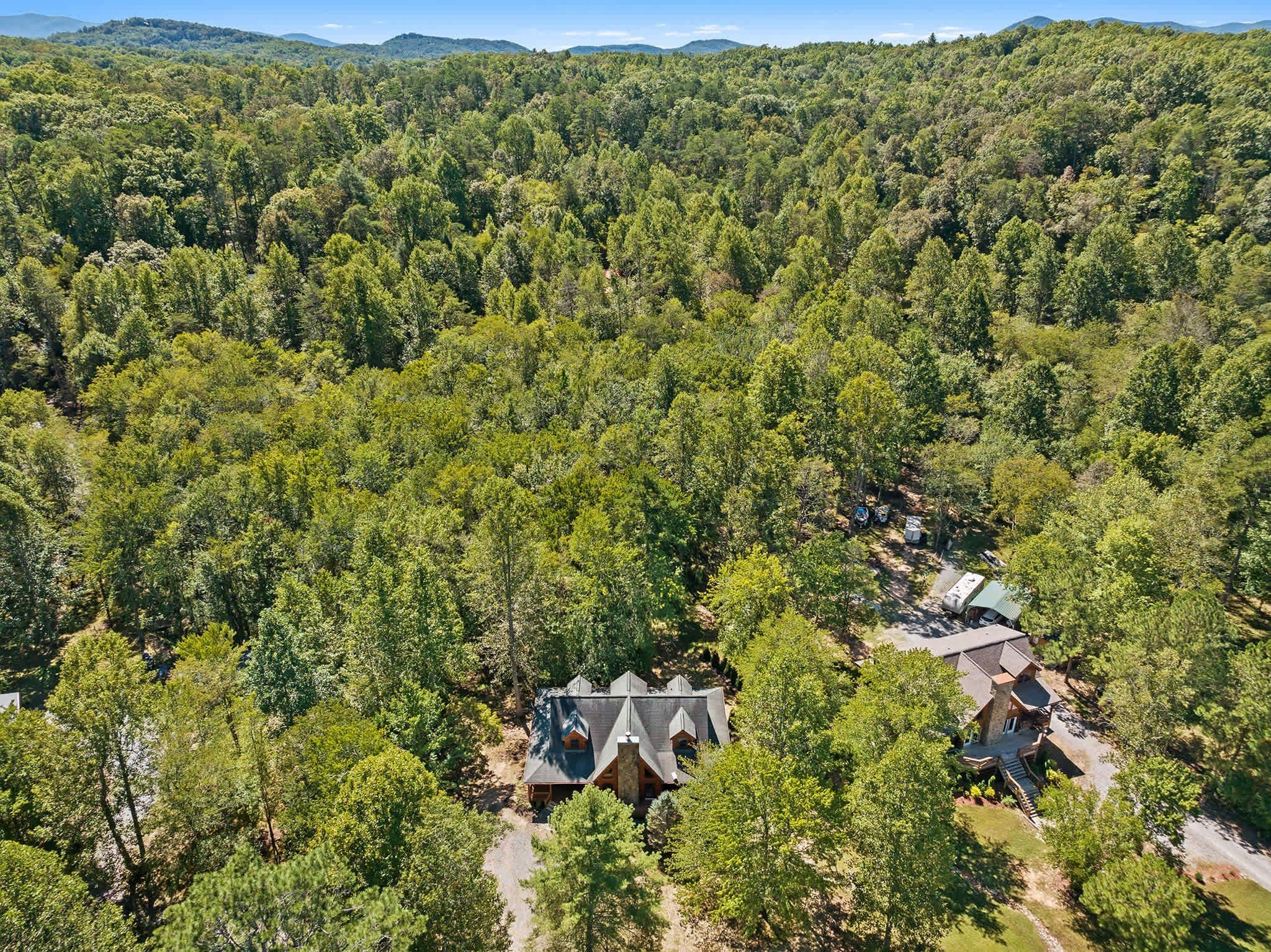 A forested area with two cabins and a clear sky.