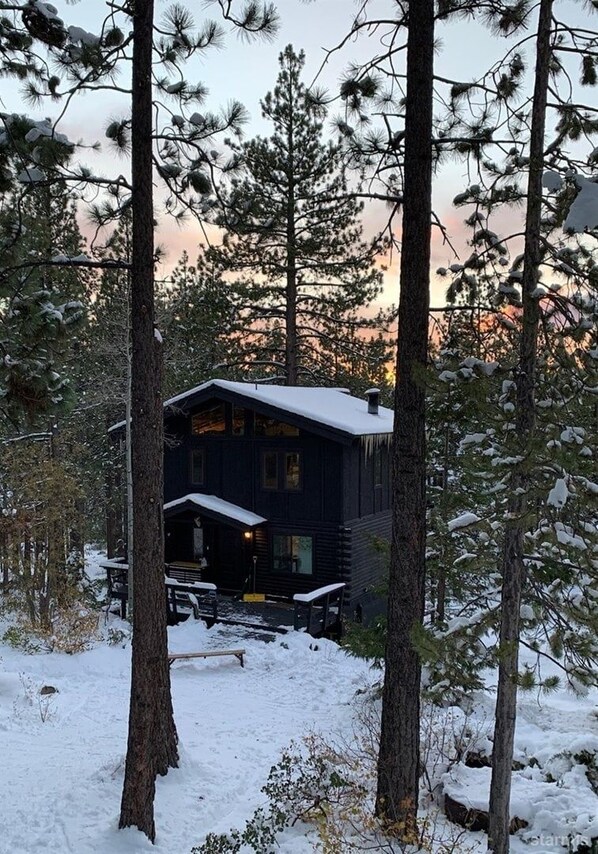 A cabin surrounded by tall pine trees with a snow-covered roof and a wooden deck. - 3739 Terrace Drive 2 Bedroom Home (South Lake Tahoe)