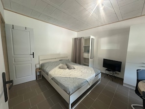 Une chambre à coucher avec un lit, une télévision, une armoire et une porte.