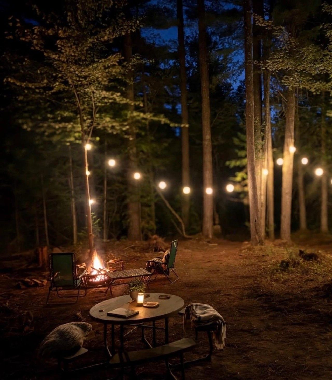 Un terrain de camping avec un foyer, des chaises, une table et des guirlandes lumineuses, le tout situé dans une forêt.